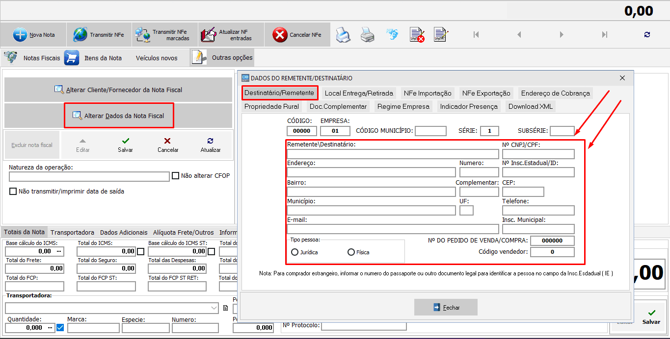 Tela de dados da nota fiscal, com destaque nos campos da nota, onde é possível corrigir ou adicionar a informação necessária.