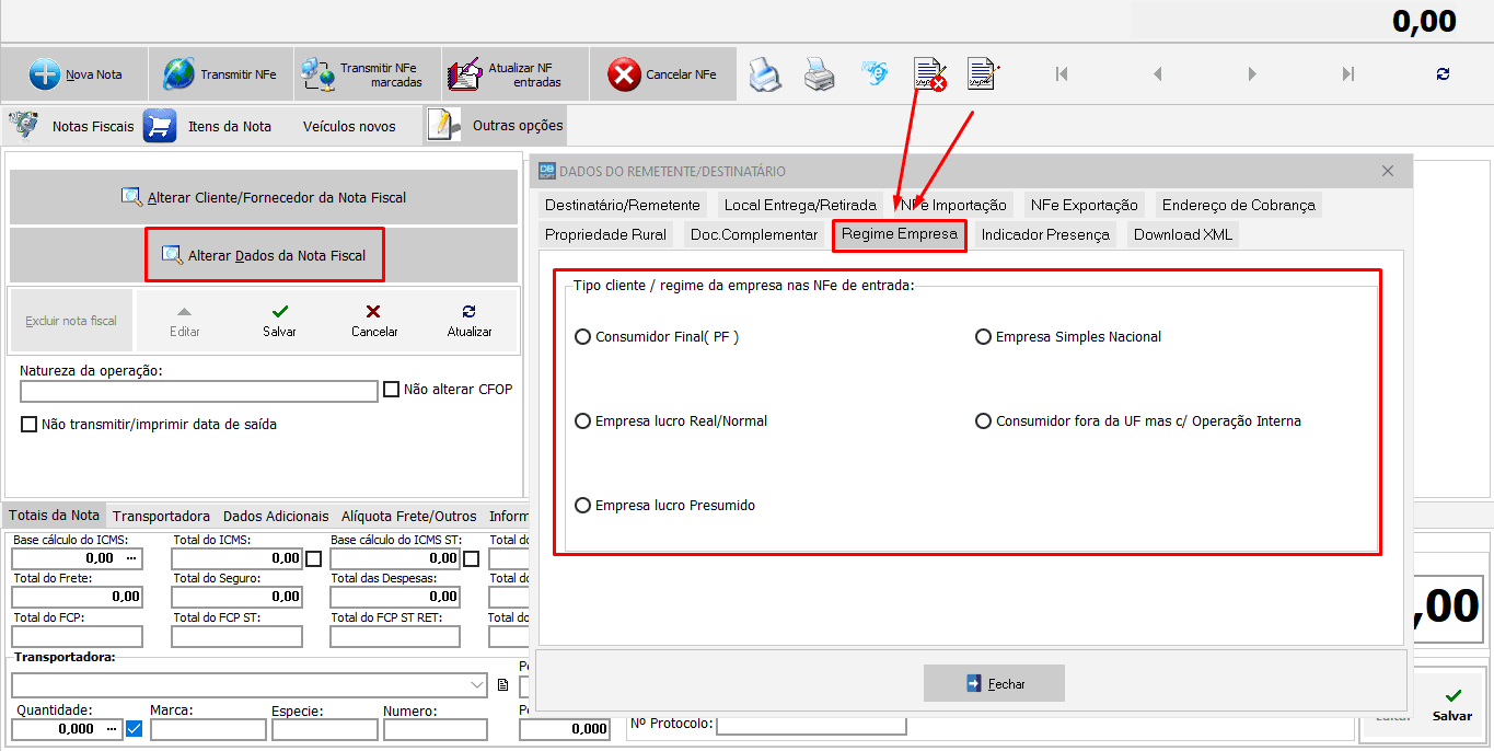 Tela de dados da nota fiscal, com destaque para a aba "Regime Empresa", onde é possível alterar o regime tributário indicado na nota.