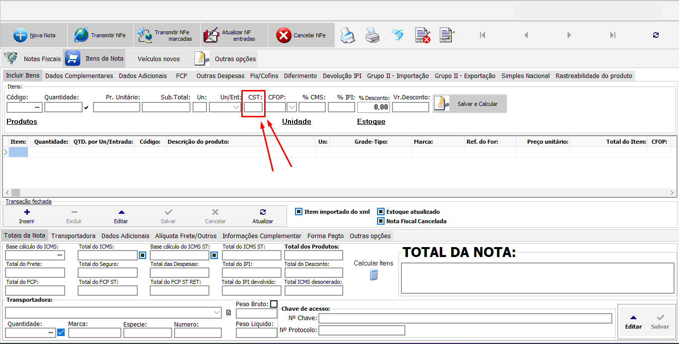 Tela de produtos da nota fiscal, com destaque para os campos de CST dos produtos, onde é possível alterar o código de situação tributária indicado na nota.