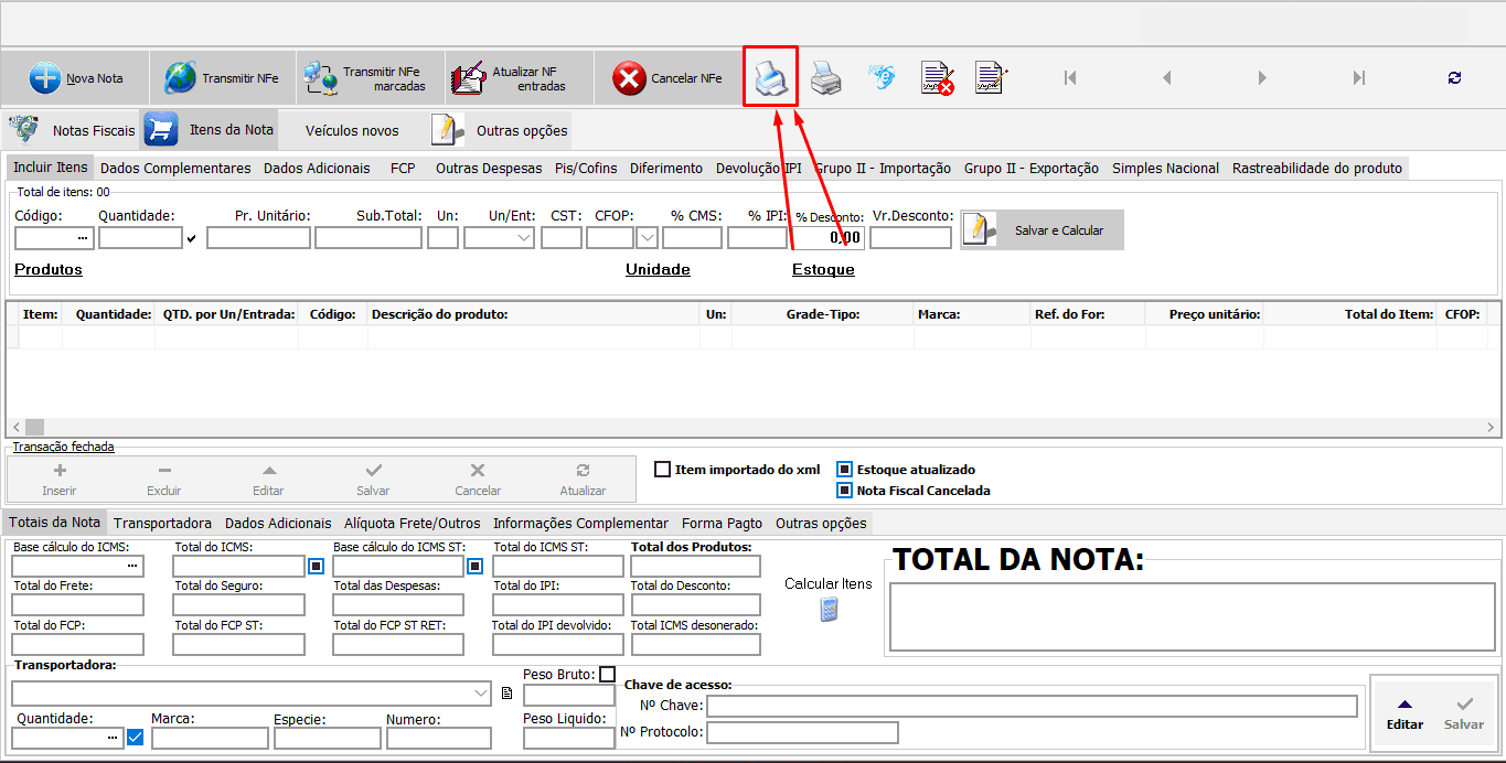 Tela de produtos da nota fiscal, com destaque para os campos de CST dos produtos, onde é possível alterar o código de situação tributária indicado na nota.