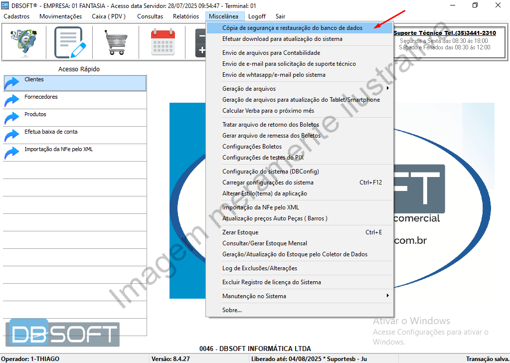 Acessando o menu "Miscelânea", localizado no topo da tela do DBSoft, selecione a opção "Cópia de segurança e restauração do banco de dados".