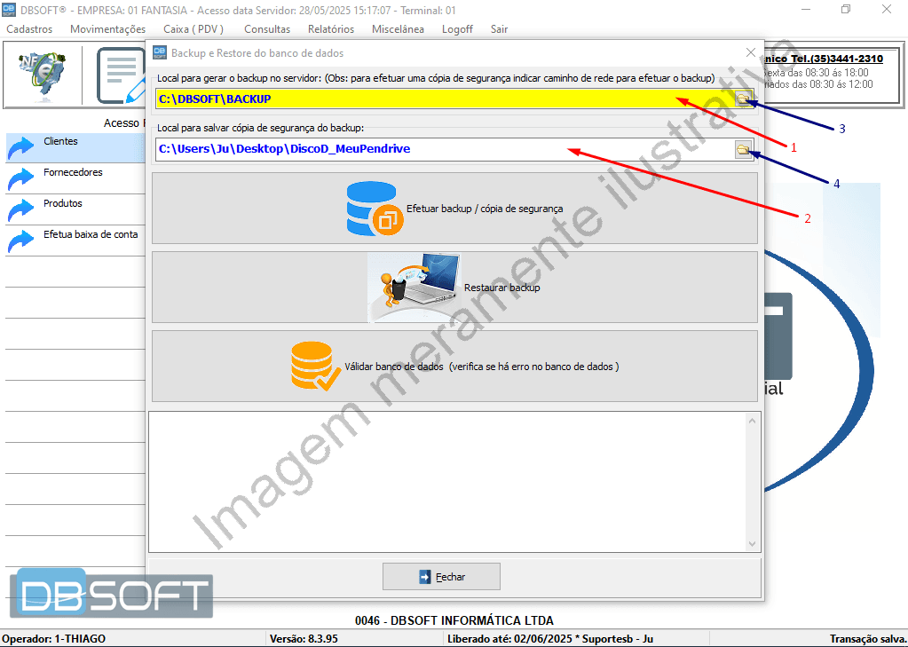 Tela de backup com dois campos principais: o primeiro para indicar o local do backup no servidor e o segundo para indicar a cópia de segurança fora do servidor. Ícones de pasta à esquerda de cada campo permitem selecionar os caminhos.