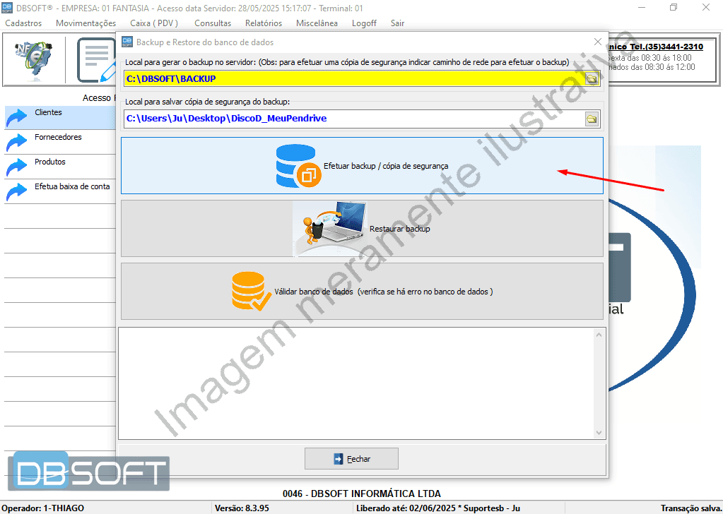 Botão "Efetuar backup / cópia de segurança" localizado na parte superior da tela, utilizado para iniciar o processo de backup do banco de dados.