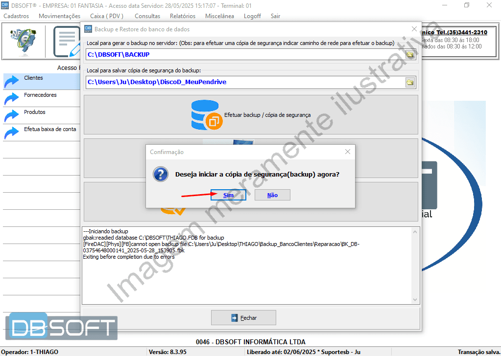 Janela de confirmação do DBSoft perguntando se deseja iniciar a cópia de segurança do banco de dados. Clique em "Sim" para prosseguir.