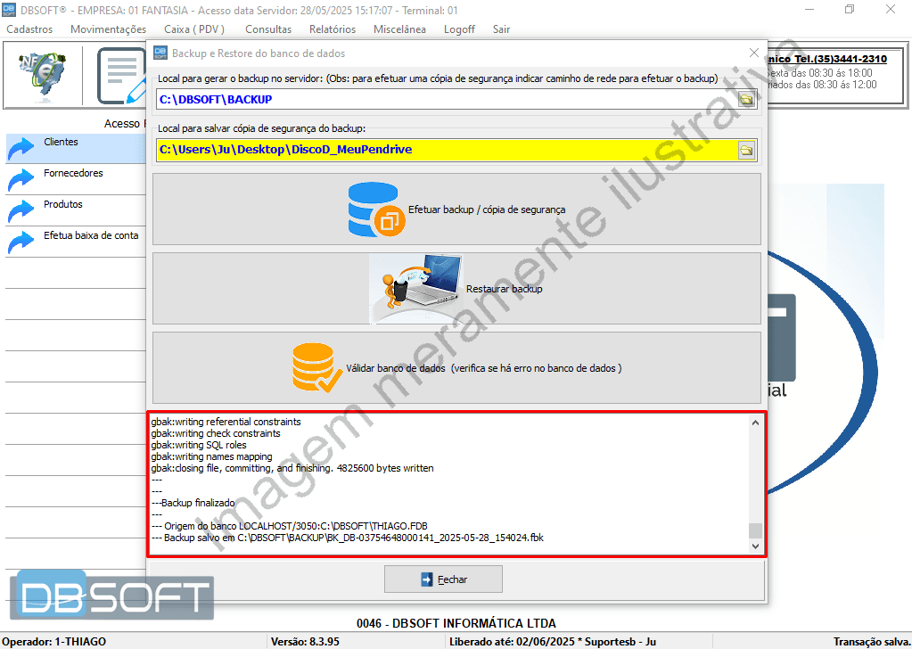 Mensagem indicando que o backup foi concluído com sucesso. Caso tenha configurado uma cópia de segurança, aguarde a mensagem final antes de fechar.