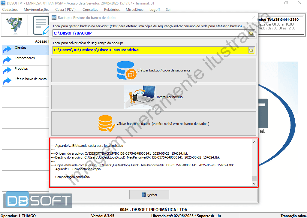 Mensagem do sistema confirmando que a cópia de segurança do backup foi concluída com sucesso.