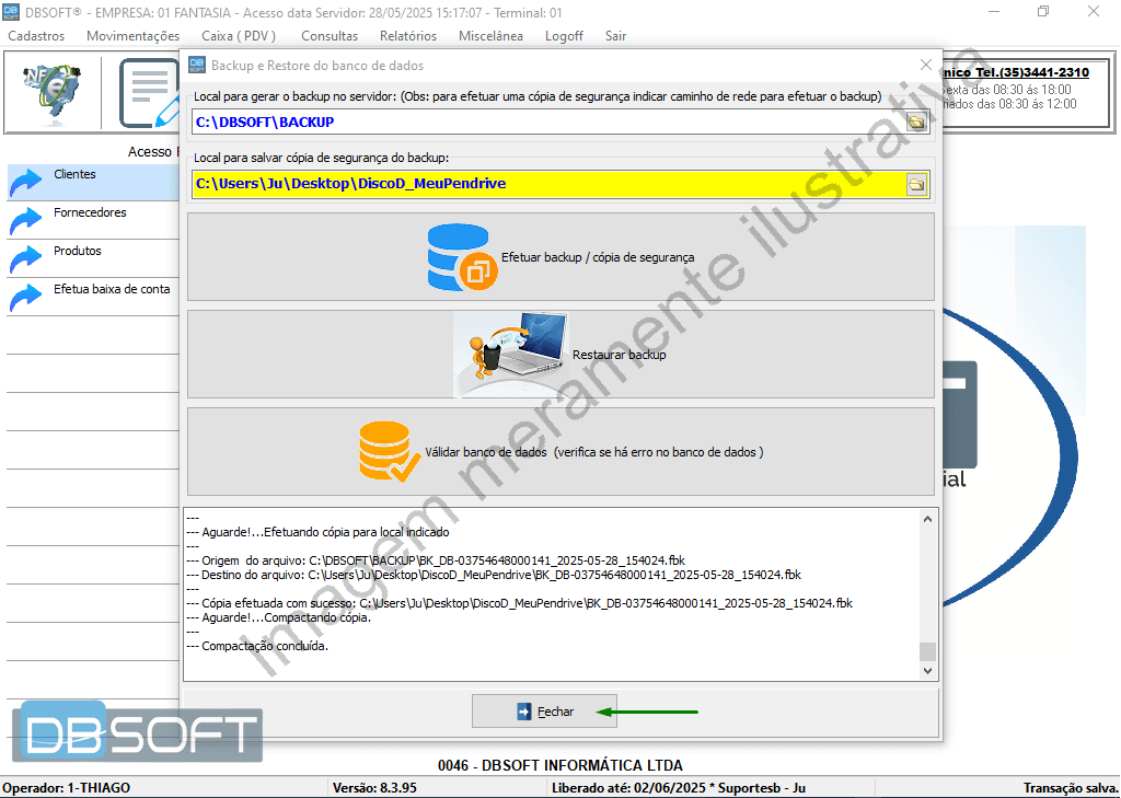 Botão "Fechar" na janela de backup do DBSoft.