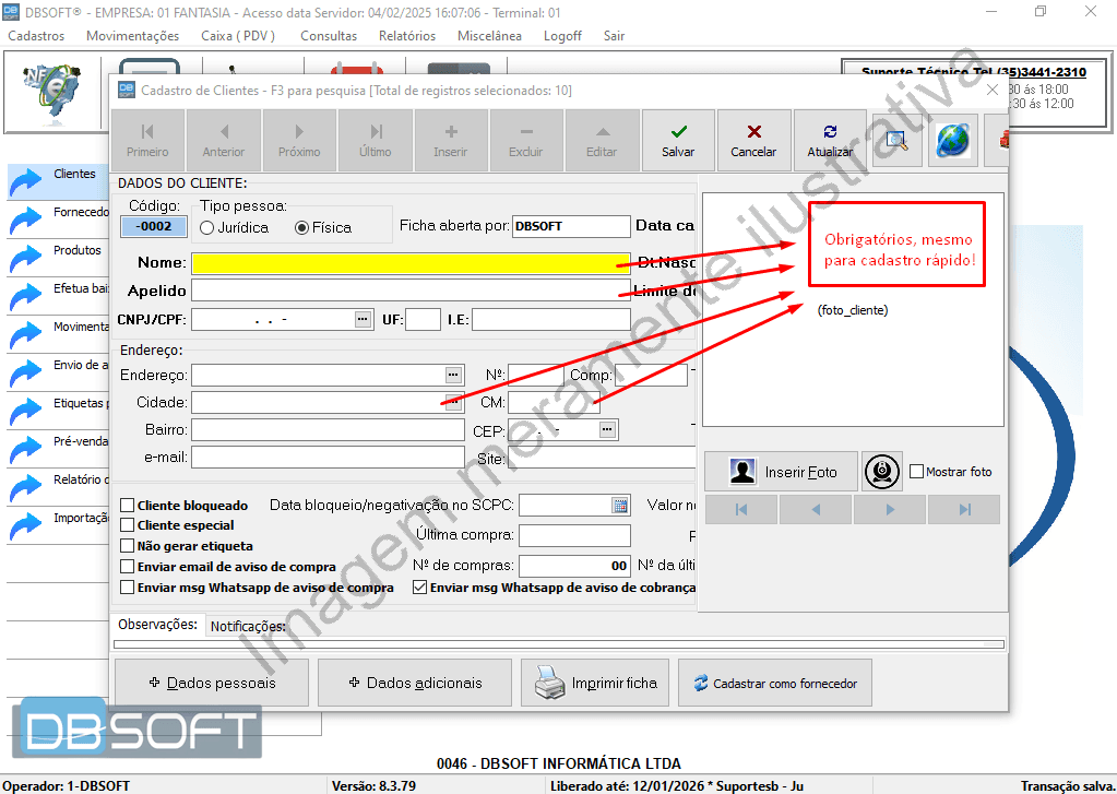 Campos obrigatórios destacados na tela de cadastro de cliente: Nome, Cidade e Endereço, mesmo para cadastro rápido.
