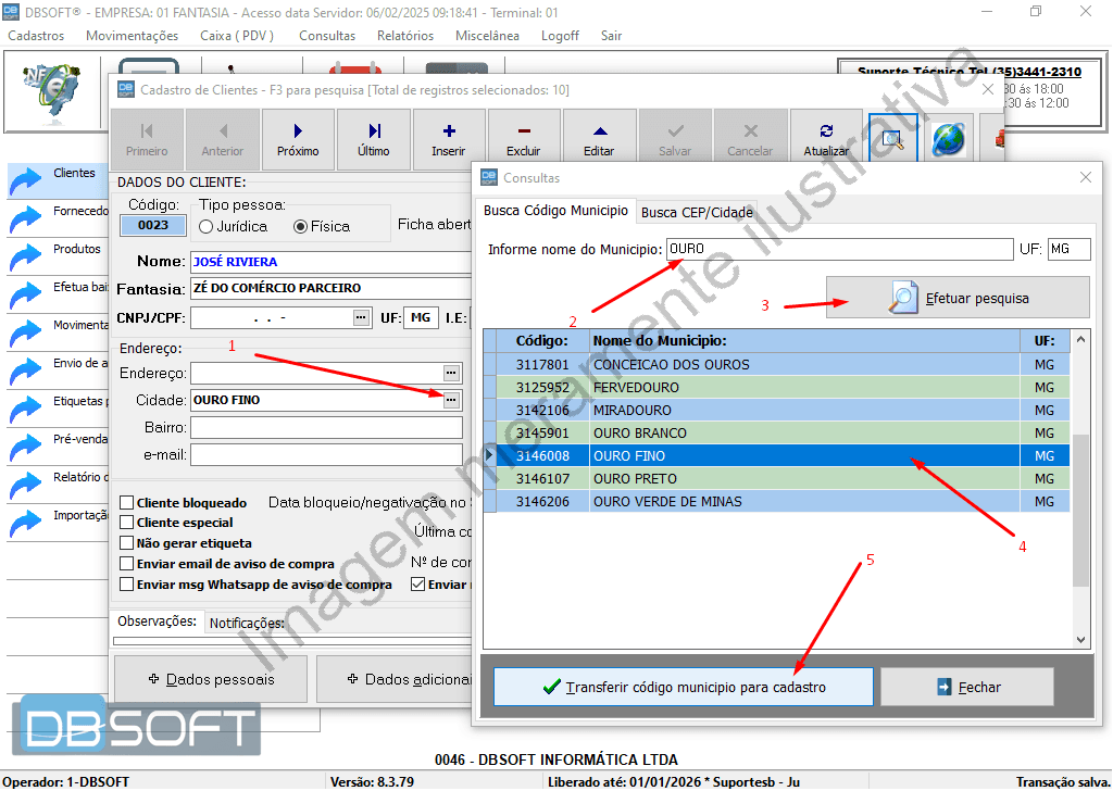 Tela de cadastro de cliente com campos preenchidos, como Nome, Apelido, Cidade e Código Municipal. Botão "Salvar" destacado no menu superior.