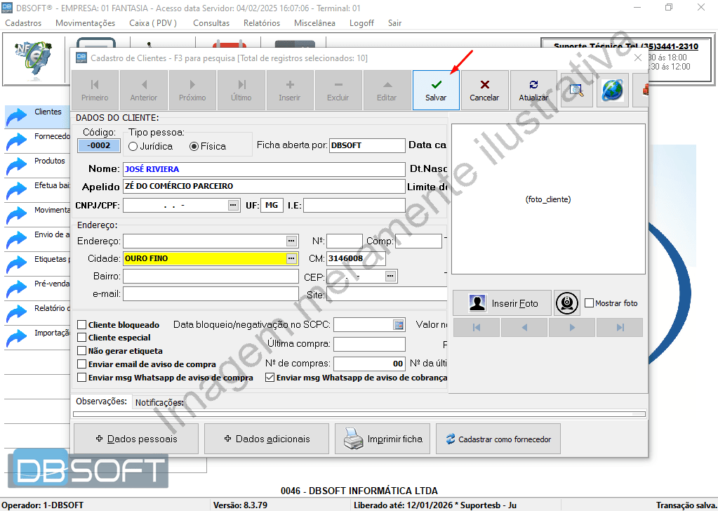 Alertas do sistema exigindo o preenchimento de campos obrigatórios como Endereço, CNPJ/CPF, CEP e Limite de crédito no cadastro do cliente.
