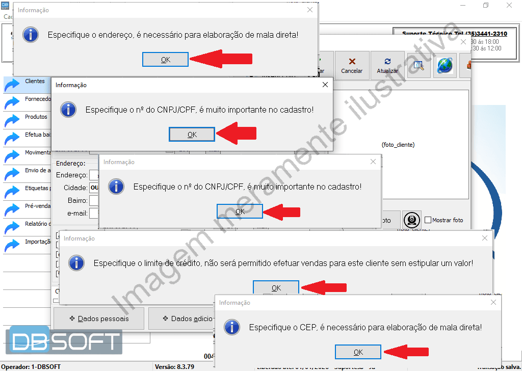 Tela de busca de município para preenchimento do campo "Cidade" no cadastro de clientes. Etapas numeradas indicam: clique na lupa, digitação do nome, pesquisa, seleção do município e transferência do código.