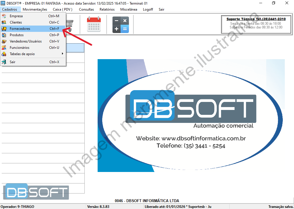 Acessando o menu "Cadastros", localizado no canto superior esquerdo da tela, selecione a opção "Fornecedores".