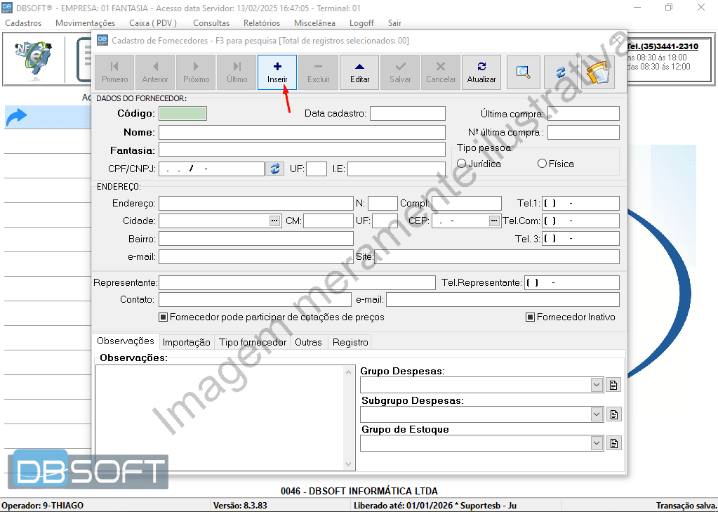 Botão "Inserir" fica localizado no menu superior da tela de cadastro de fornecedores.