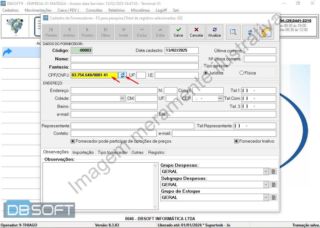 Campo "CPF/CNPJ" no formulário de cadastro de fornecedores, com o botão de setas girando ao lado, utilizado para buscar dados automáticos do CNPJ.