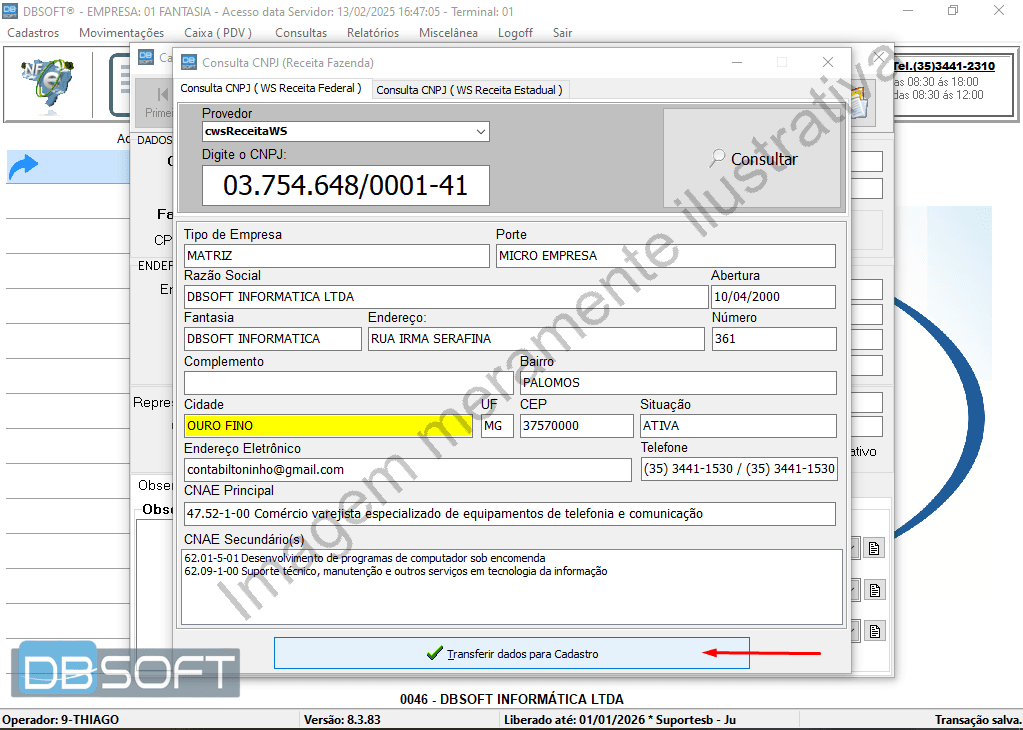 Botão "Transferir dados para cadastro" visível na tela de cadastro de fornecedores, após a consulta do CNPJ.