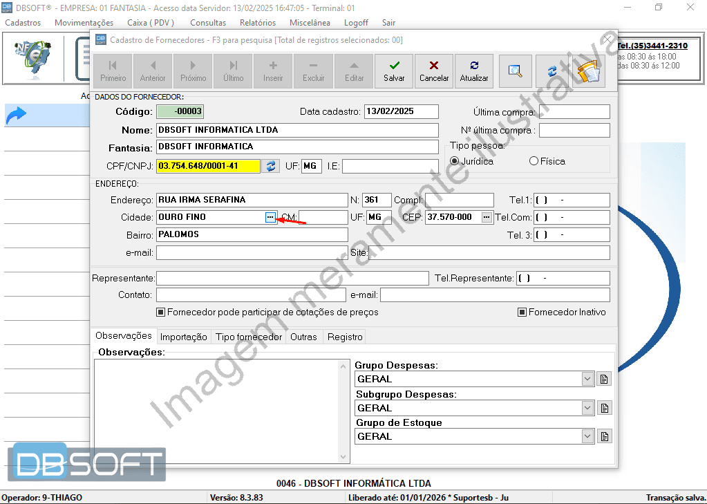 Botão para pegar o código município do fornecedor.
