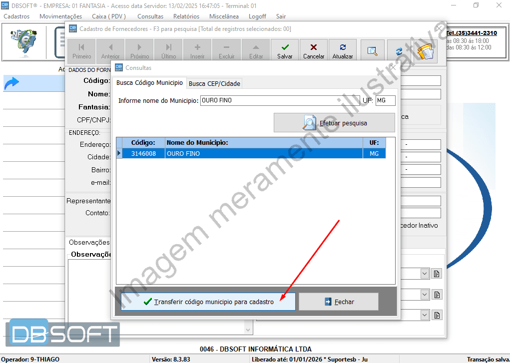 Campo "Cidade" no cadastro de fornecedor, com botão de três pontos ao lado para abrir a janela de busca do código de município.