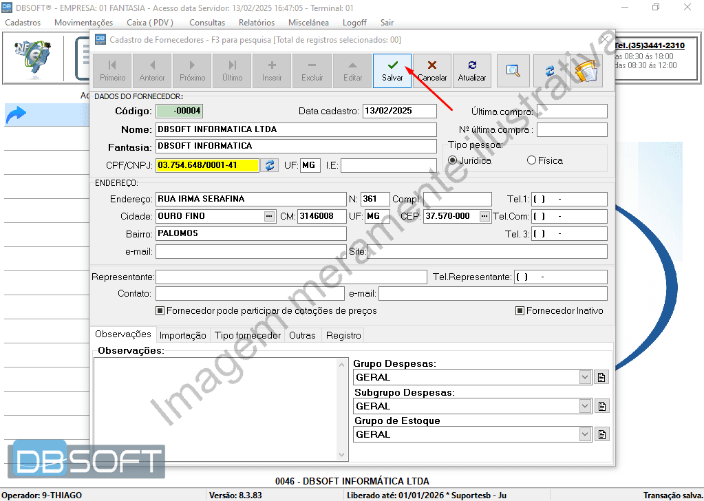 Tela de cadastro de fornecedores com campos preenchidos e botão "Salvar" localizado no canto superior, pronto para finalizar o cadastro.