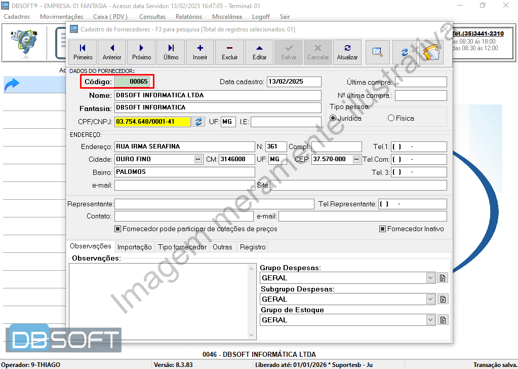 Cadastro do fornecedor finalizado no DBSoft, com os dados completos exibidos e código de identificação já gerado automaticamente.