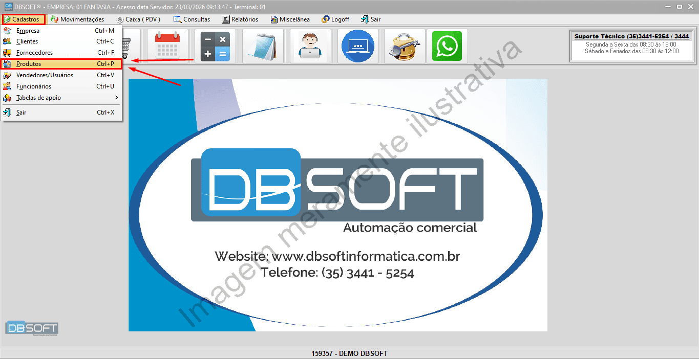 Acessando o menu "Cadastros", localizado no canto superior esquerdo da tela, e selecionando a opção "Produtos", no DBSoft.