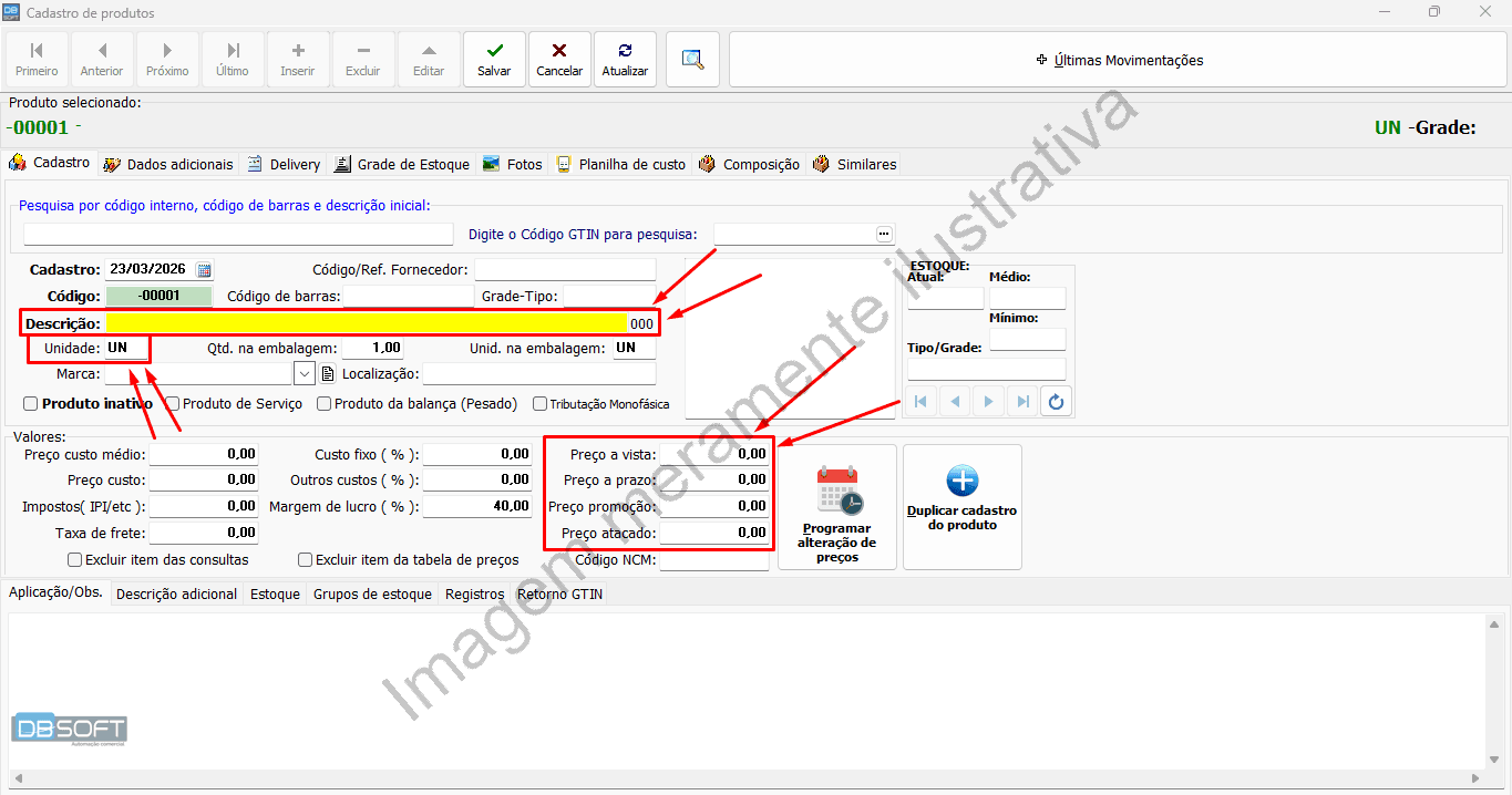 Mostrando os campos obrigatórios para cadastrar produtos que ficam distribuídos pela tela incial do cadastro de produtos.