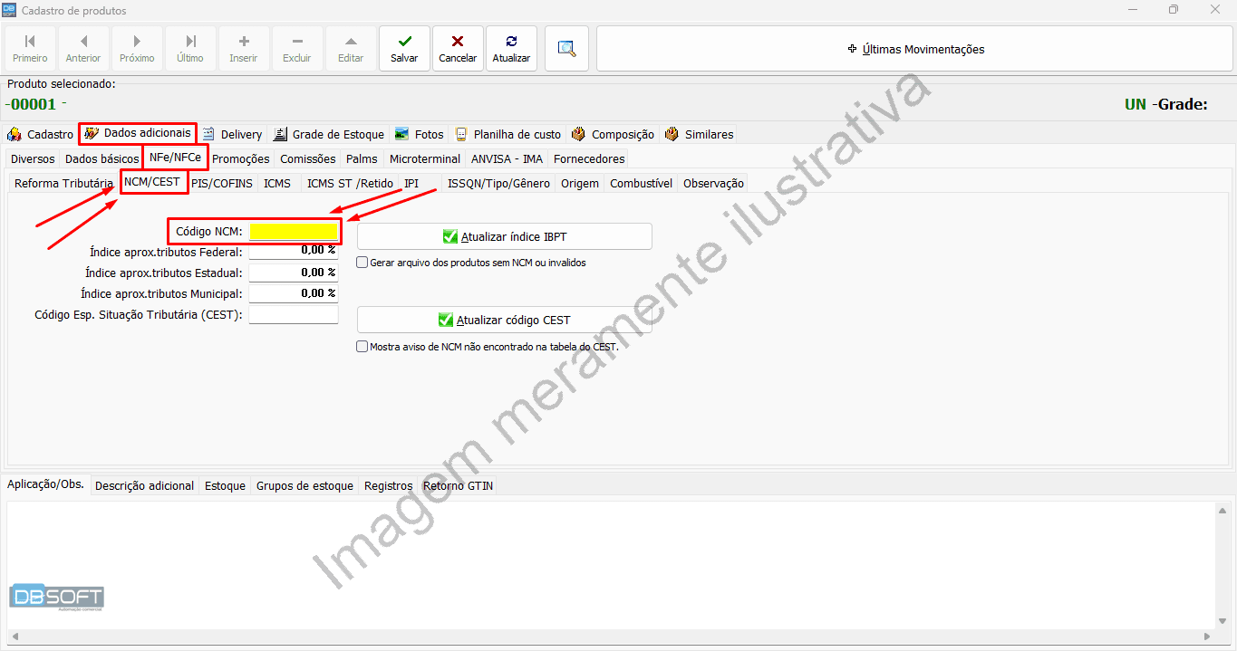 Dentro do cadastro de produtos, acesse a aba "Dados adicionais", depois a aba de nível 2 "NFe/NFCe" e por fim a aba de nível 3 "NCM/CEST". Nessa última aba, há o campo para inserir o NCM do produto, e logo abaixo o campo para inserir o CEST do produto (caso aplicável).