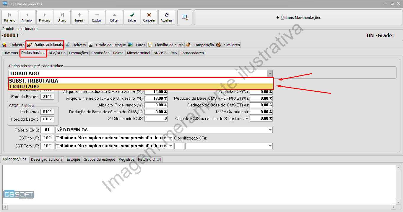 Dentro do cadastro de produtos, acesse a aba "Dados adicionais", depois a aba de nível 2 "Dados básicos". Nessa última aba, há o campo selecionável "Dados básicos pré-cadastrados", onde deve ser selecionada a tabela de dados básicos pré-cadastrados mais adequada para o tipo de produto que está sendo cadastrado.
