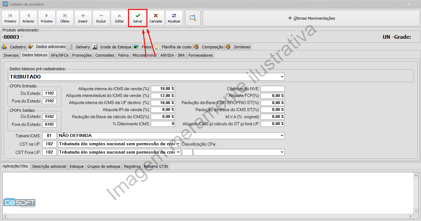 Botão salvar no cadastro de produtos do DBSoft fica localizado no menu de botões superior da tela de cadastro de produtos, dois botões à direita de "Inserir".