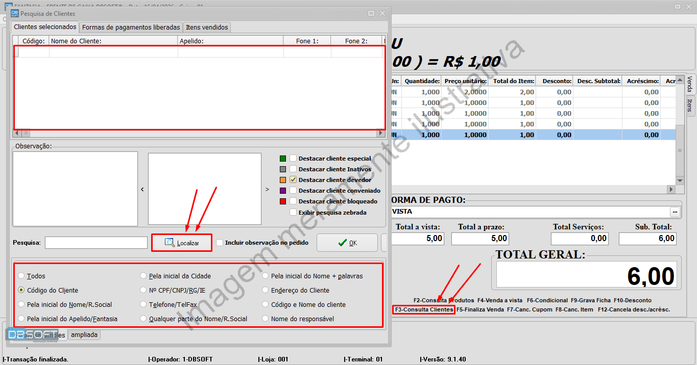 Tela de seleção de cliente no PDV do DBSoft.