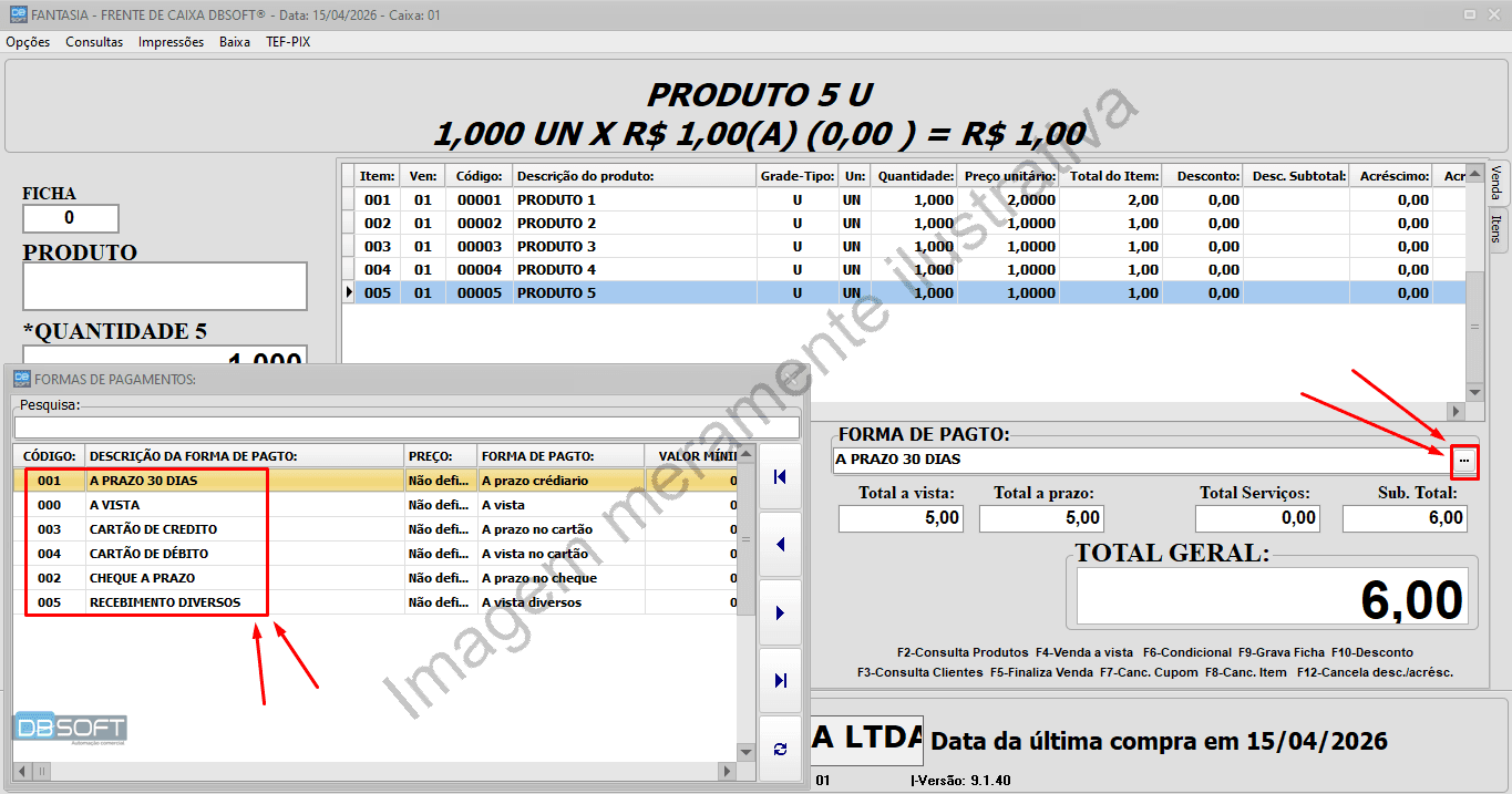 Tela de seleção de forma de pagamento no PDV do DBSoft.
