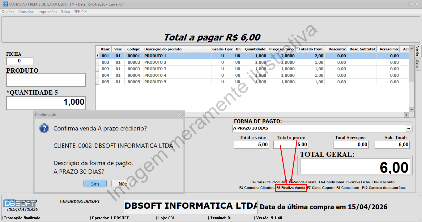 Tela de confirmação de venda no PDV do DBSoft.