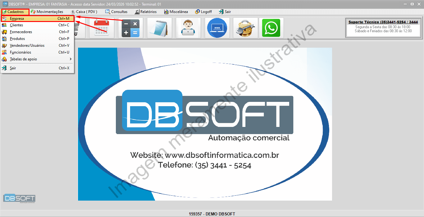 Acessando o menu "Cadastros" e selecionando a opção "Empresa", no DBSoft.