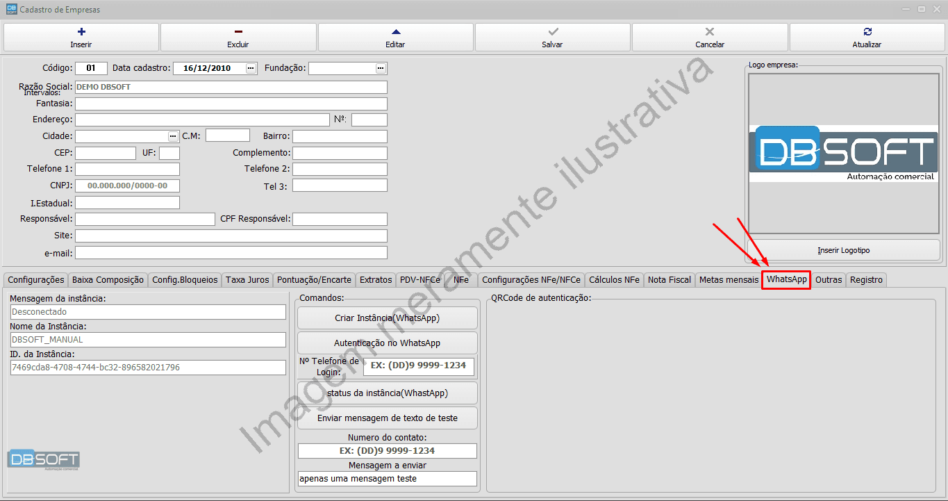 Configurações iniciais de WhatsApp na aba de WhatsApp no cadastro de empresa.