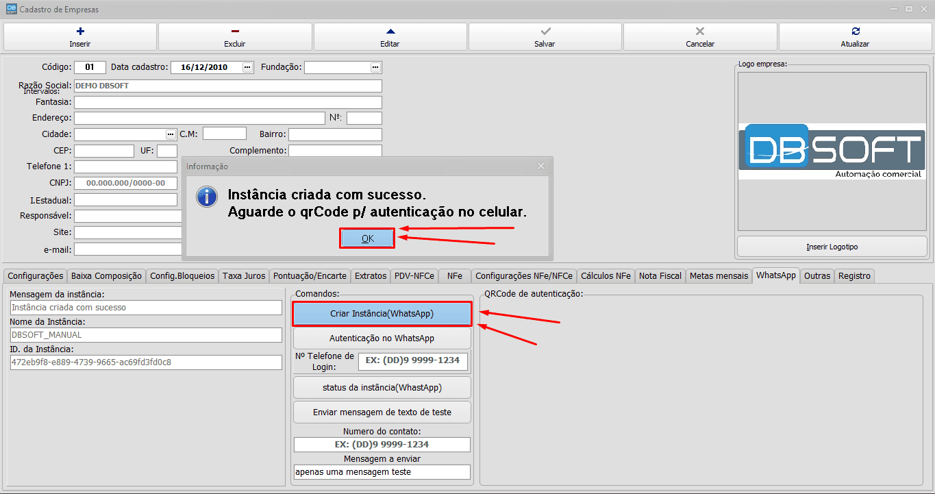 Criando uma nova instância do WhatsApp na aba de WhatsApp no cadastro de empresa.