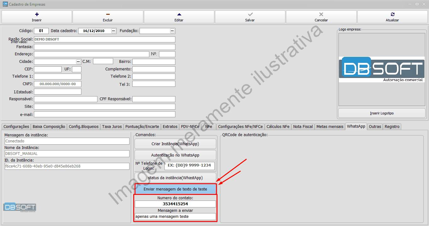 Enviando uma mensagem de teste para confirmar que o WhatsApp está conectado corretamente ao DBSoft.