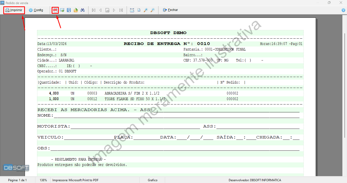 Impressão do recibo.