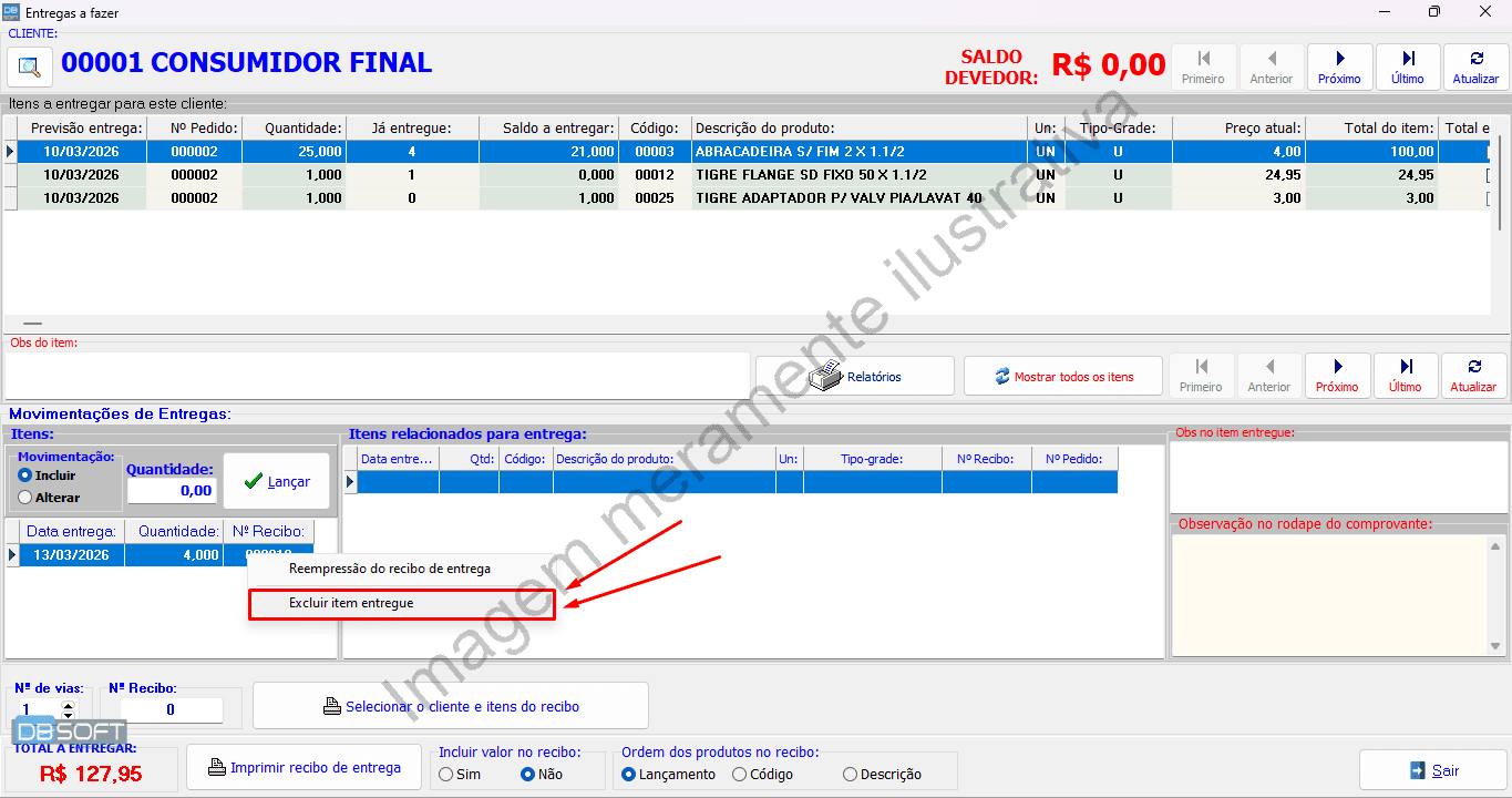 Excluir item entregue.