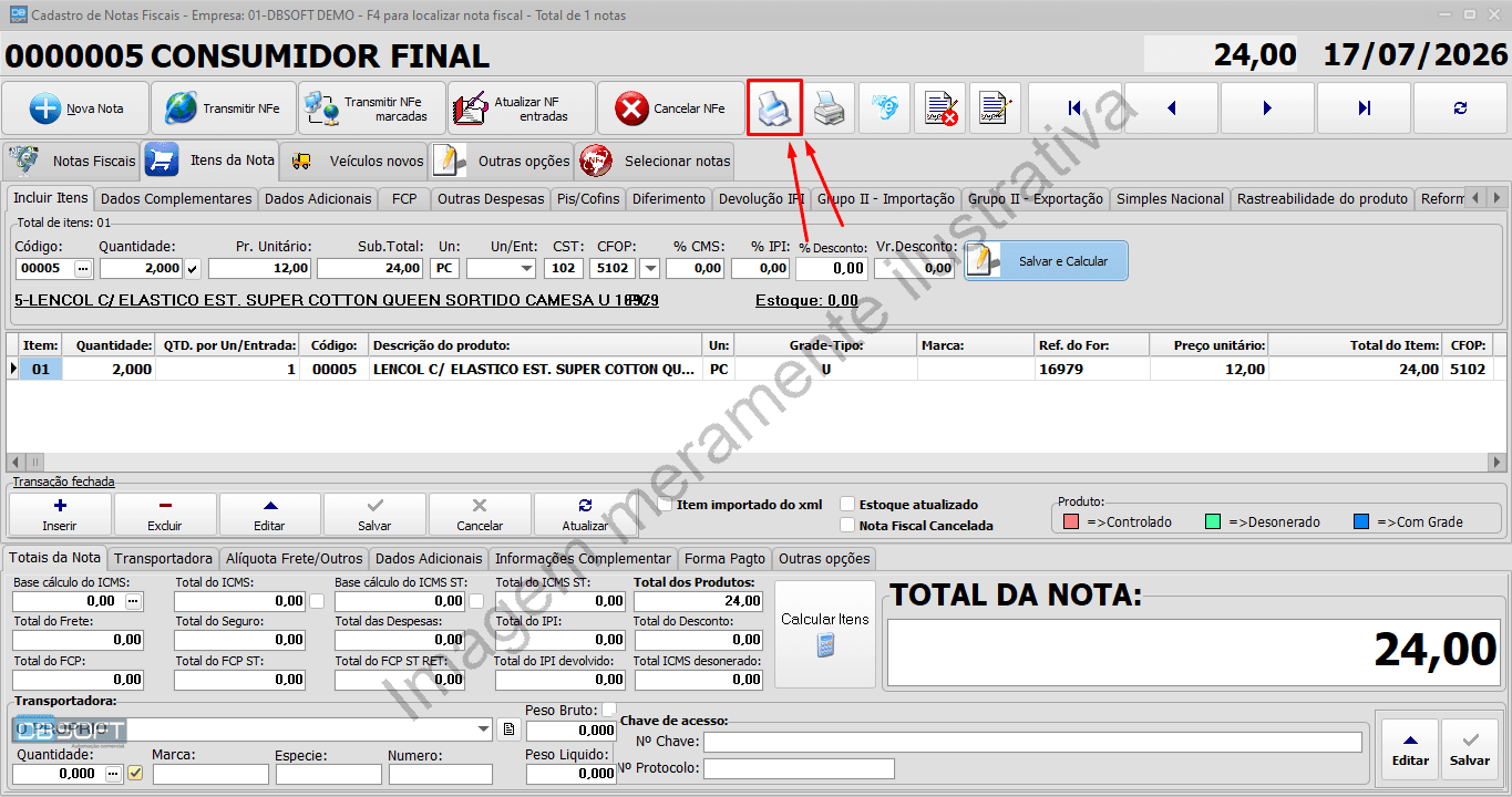 Tela para gerar um espelho da nota fiscal.