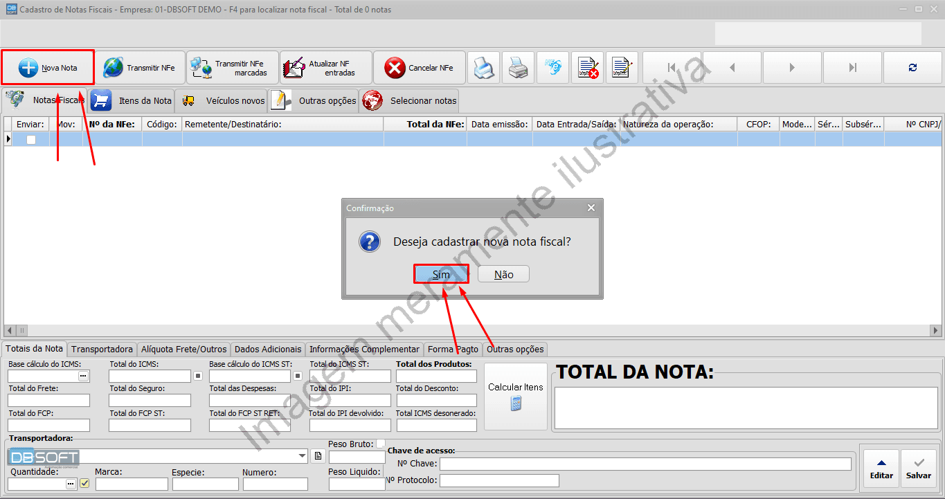Tela de notas fiscais, com destaque para o botão "Nova Nota".