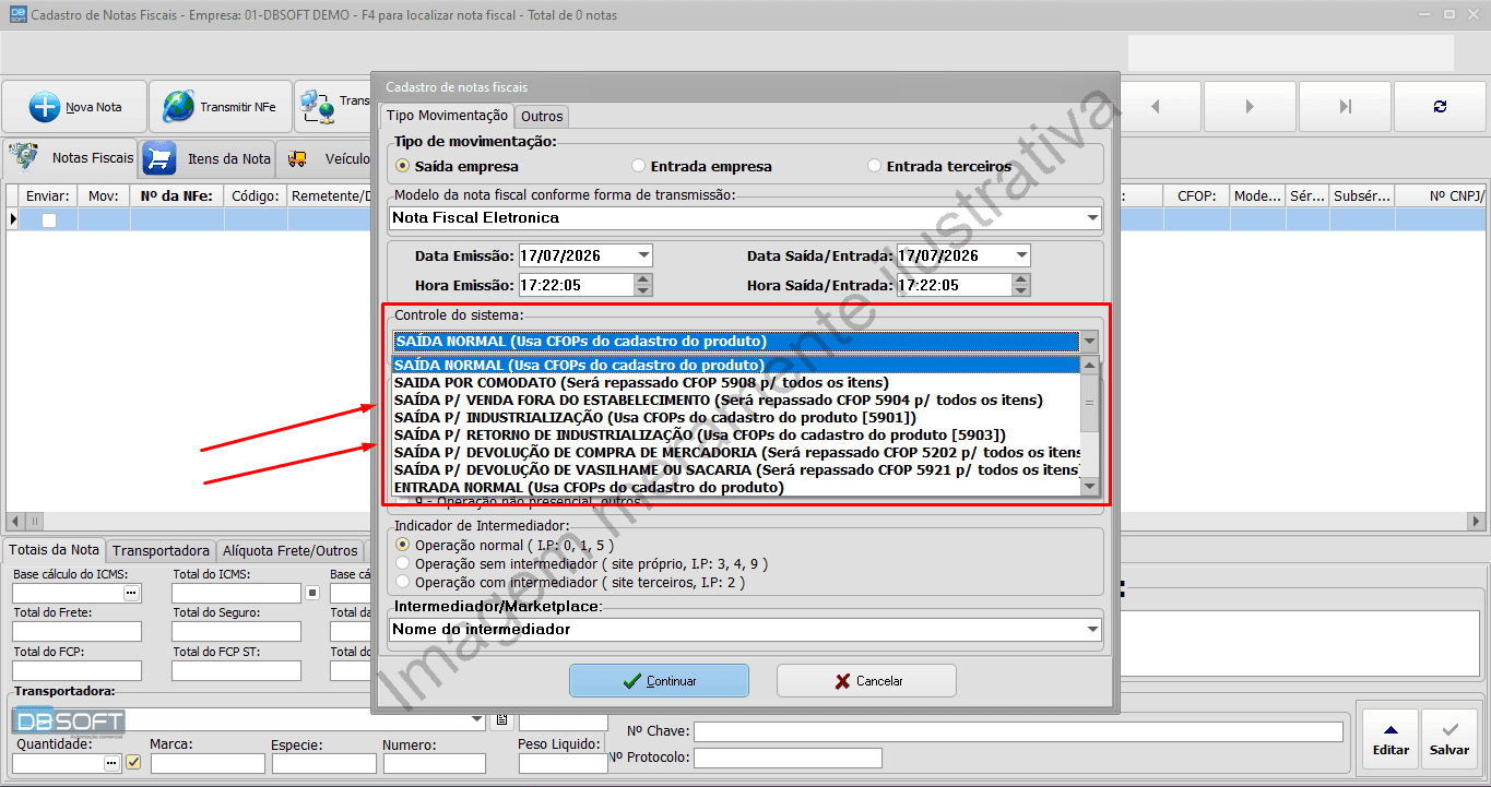 Tela do menu "Controle do sistema", com destaque para a opção correspondente.