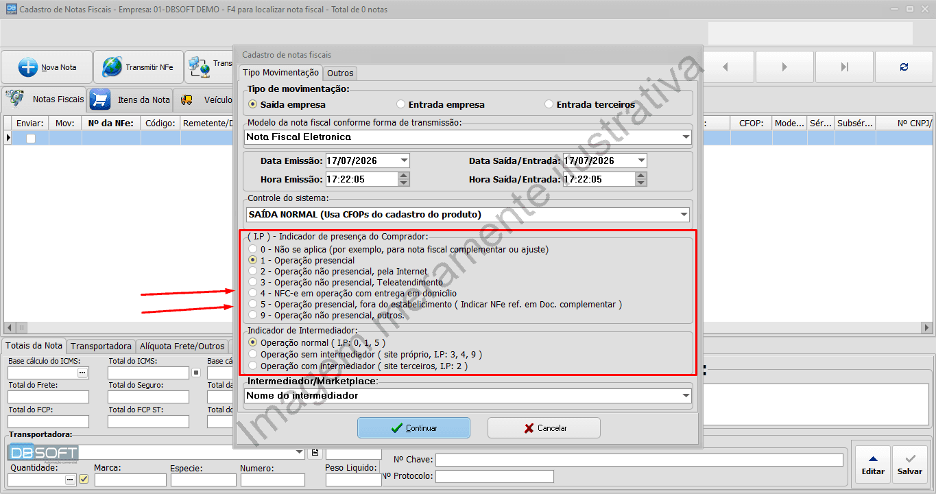 Tela de configuração do Indicador de Presença e Intermediador.