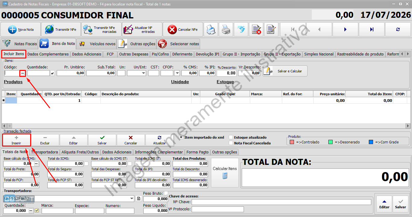 Tela para inserir os produtos na nota fiscal.