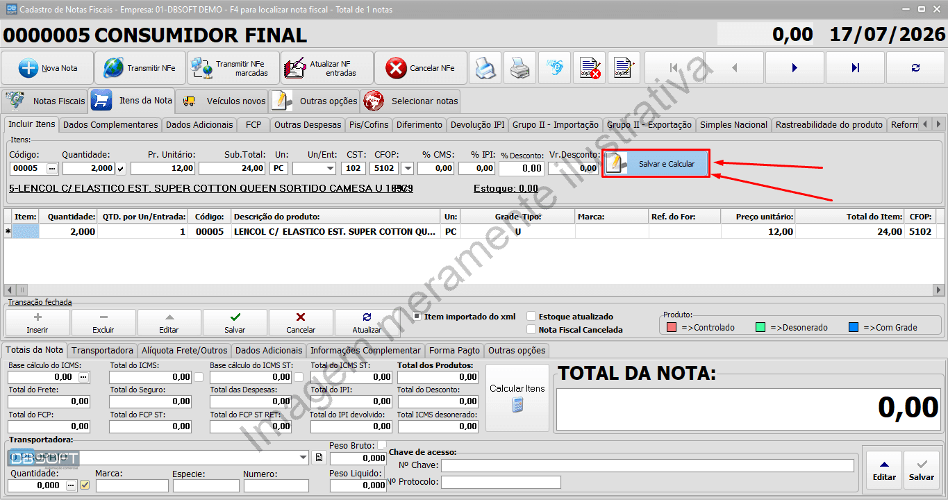 Tela de inclusão de produtos na nota fiscal, com destaque para o botão "Salvar e Calcular".