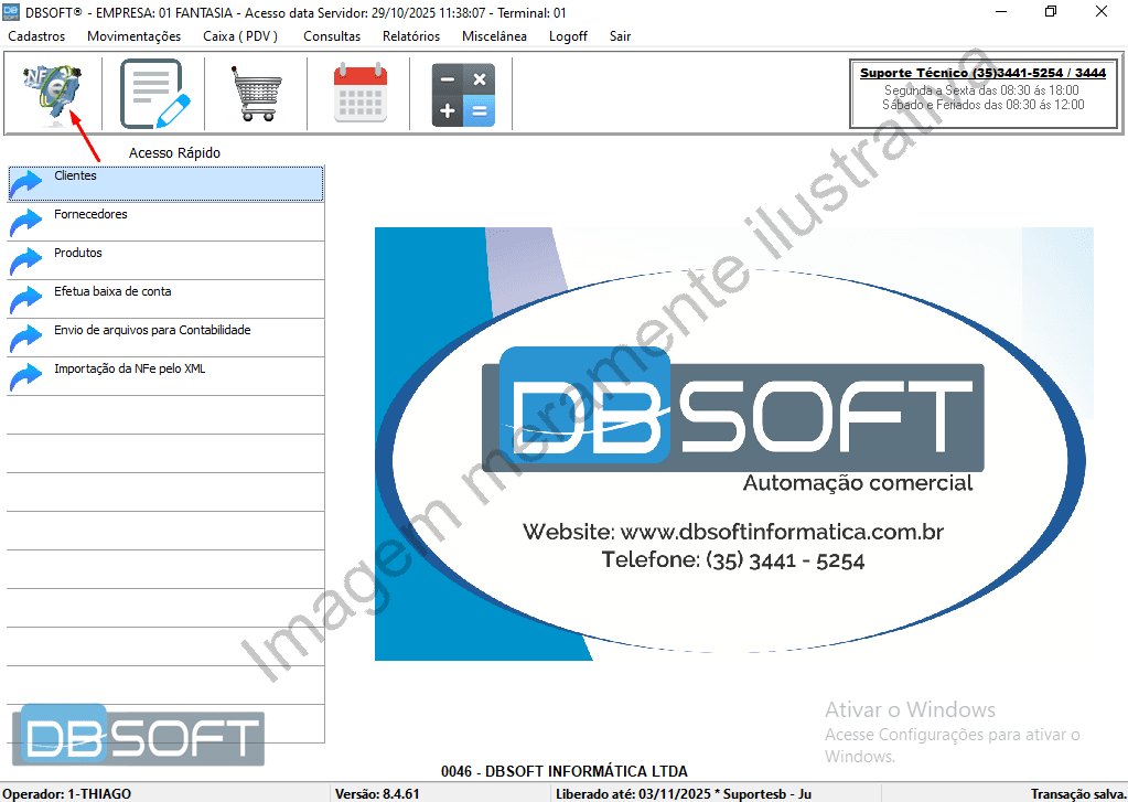 No menu de ícones na tela inicial do DBSoft há um ícone de mapa, chamado "Emissão de NFe". Clique nele.
