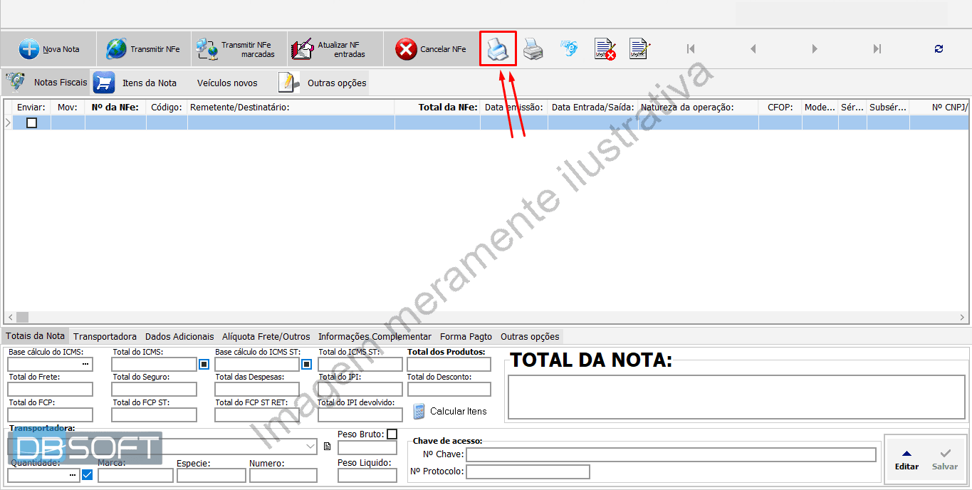 Tela de informações básicas da nota fiscal. Botão "Transmitir NFe" está localizado na parte superior da tela.
