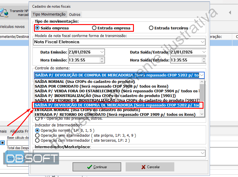 Será aberta uma tela com 2 abas, permaneça em "Tipo Movimentação". Nessa aba, terá um campo de seleção, debaixo do rótulo Controle do sistema, para escolher a finalidade da nota - escolha "SAÍDA P/ DEVOLUÇÃO DE COMPRA DE MERCADORIA".