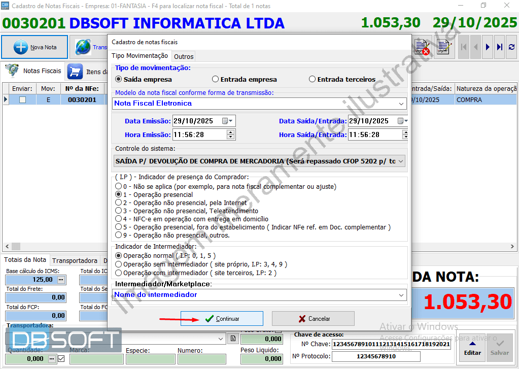 Janela "Cadastro de notas fiscais". Botão "Continuar" fica na parte inferior dela.