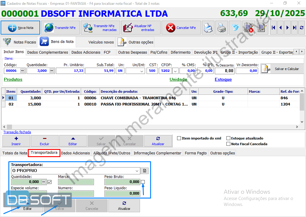 Tela de informações básicas da nota fiscal. Há três menus de abas. Utilize o menu inferior. A aba de transportadora é a segunda do menu.