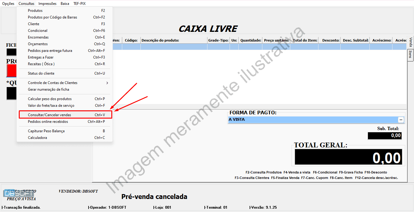Tela de consultar/cancelar vendas.