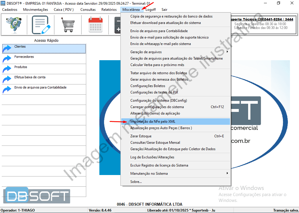 Opção "Importação da NFE pelo XML" no menu "Miscelânea", localizado na barra de manu superior da tela inicial do DBSoft.